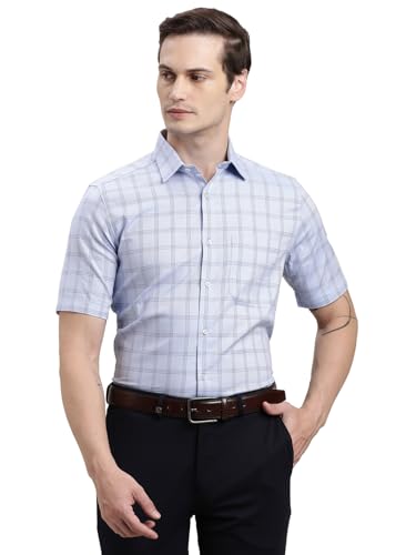 Turtle Men Regular Fit Checkered Giza Cotton Light Blue Formal Shirt