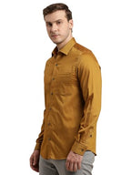 Turtle Men 100% Cotton Slim Fit Mustard Self Design Formal Shirt
