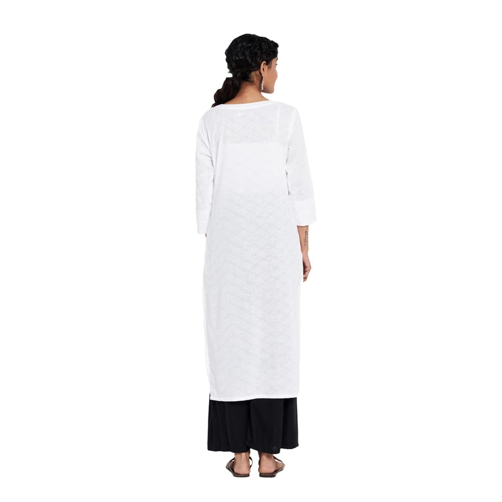 Fabindia Women Cotton Pintuck Hand Block Printed Long Kurta White