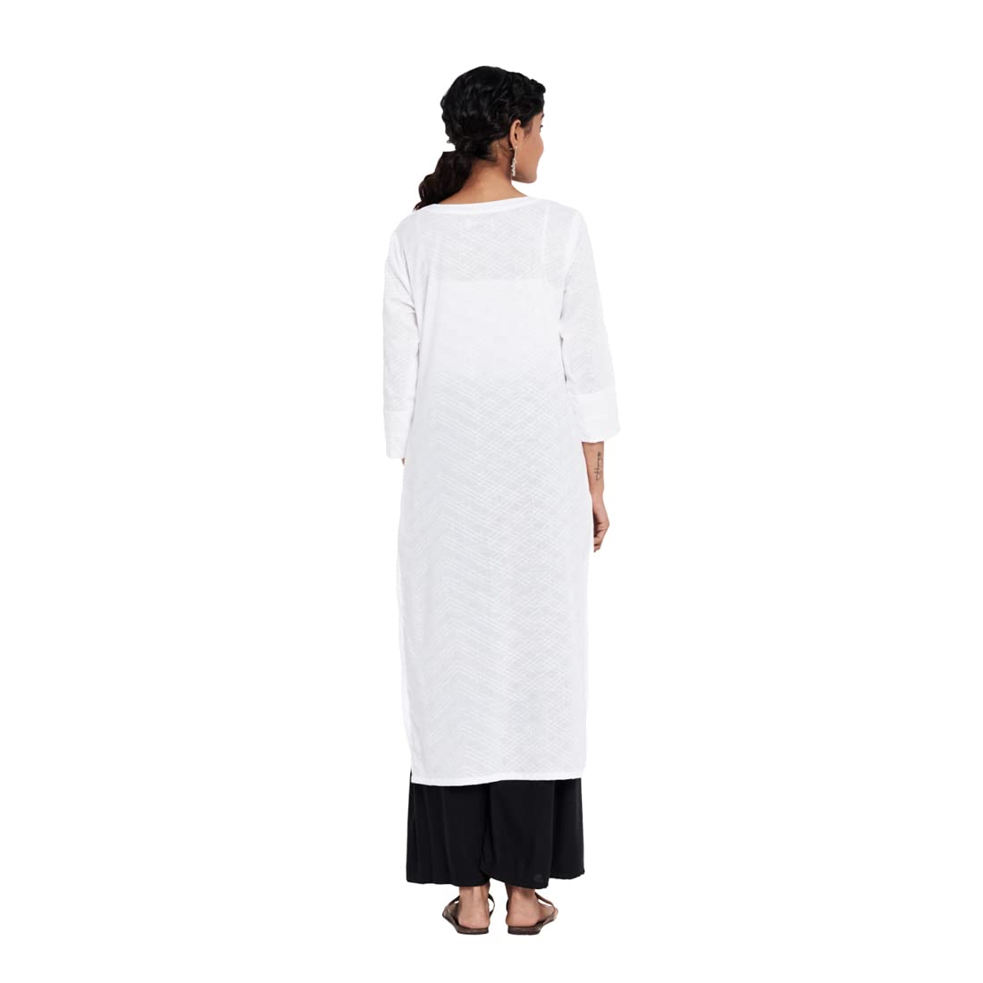 Fabindia Women Cotton Pintuck Hand Block Printed Long Kurta White