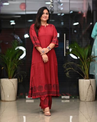 ANNI DESIGNER Women s Straight Printed Viscose Kurta with Trousers, Red, XL
