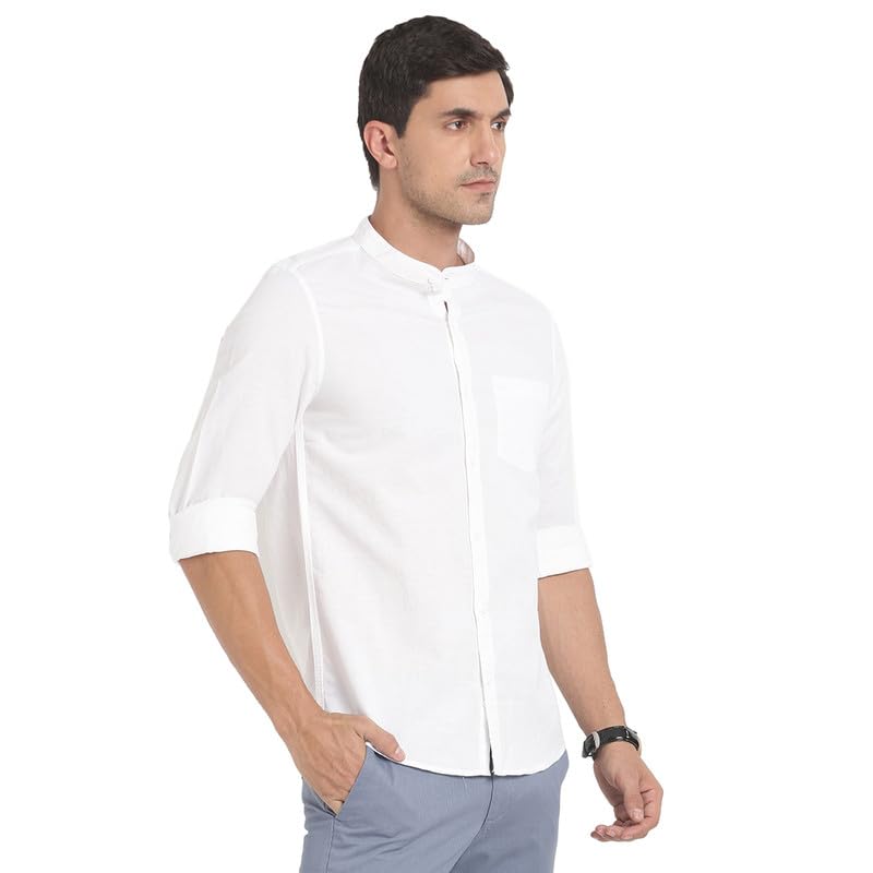 Turtle Men Cotton Linen White Solid Slim Fit Casual Shirts