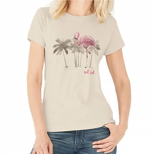 Women Crew Tee - Watercolor Flamingo - Beige by DelSol for Women - 1 Pc T-Shirt (XL)
