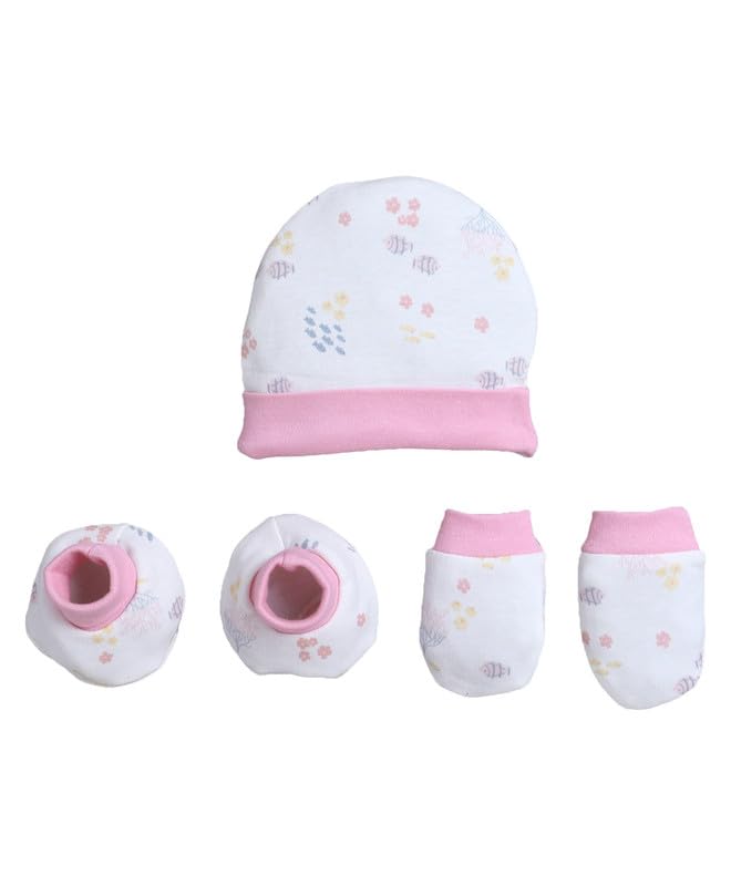 BUMZEE Boys Cotton Cap Mitten Bootie White & Baby Pink - 0-3 Months (Peb11058-wht)