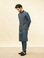 Manyavar Mens Blue Art Silk Printed Jacket