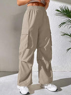 GRECIILOOKS Cotton Solid Side Pockets Parachute Cargo Baggy Pant for Women