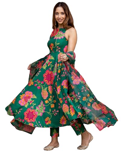 ANNI DESIGNER Womens Cotton Blend Printed Anarkali Kurta with Pant & Dupatta (Tanujashri Green_L_Green_Large)