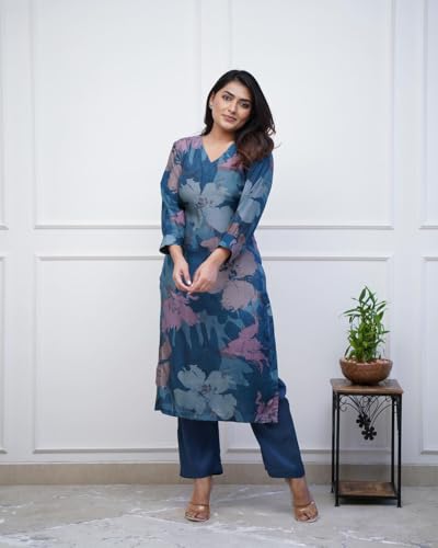 ANNI DESIGNER Womens Rayon Blend Straight Printed Kurta with Pant (KITIMAT Cerosin_S_Blue_Small)
