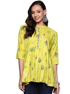 Anubhutee Women'S Rayon Lime Green Thread Work Ethnic Motifs Printed A-Line Kurti