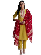 Sanisa Women'S Cotton Blend Embroidery And Sequins Work Straight Kurta With Pant And Dupatta Set (229Kbd2423N-M_Mustard Yellow)