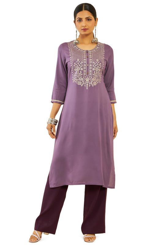 Soch Women Rayon Floral Embroidered Round-Neck Straight Kurta