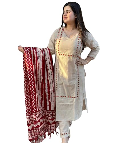 ANNI DESIGNER Womens Cotton Blend Straight Embroidered Kurta with Pant & Dupatta (DD BEIGE-NW_L_Beige_Large)