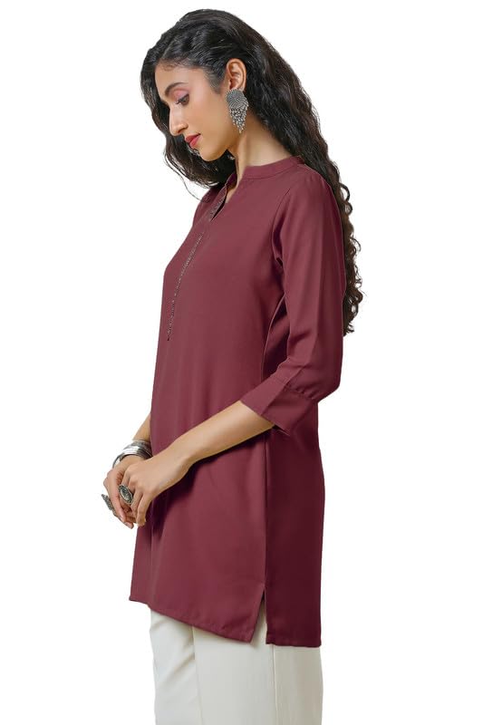Soch Womens Maroon Mandarin Collar Stone Yoke Design Tunic