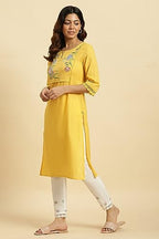 W For Woman Yellow Cotton Swiss Dot Embroidered Kurta