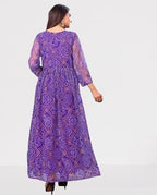Anveri Textiles WomenS Georgette Fancy Bandhani Printed Gown Kurti With Round Neck 3/4 Sleeves Fit Flared Ankle Length | Maxi D