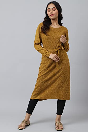 Aurelia Women Amber Gold Acrylic Solid Yarn Dyed Straight Kurta