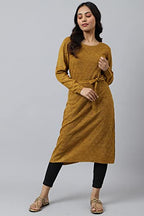 Aurelia Women Amber Gold Acrylic Solid Yarn Dyed Straight Kurta