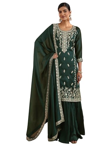 Libas Womens Embroidered Chinon Straight Kurta With Sharara And Dupatta