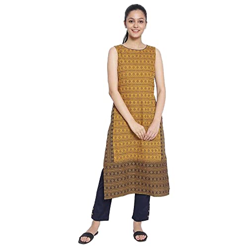 Aurelia Round Neck Cotton Womens Below Knee Kurta (S21Aua11855004,Yellow,Large)