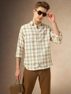 Dennis Lingo Men Relaxed Fit Cotton Full Sleeves Checks Casual Shirts Beige