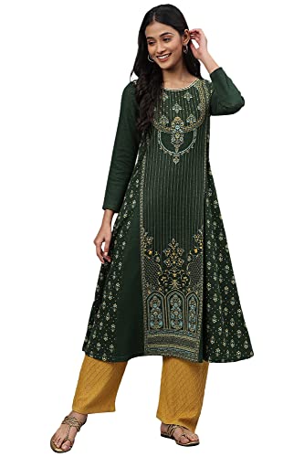 Aurelia Women Mountain View Cotton Blend Floral Yarn Dyed A-Line Kurta_22Noa13697-703480_M Green