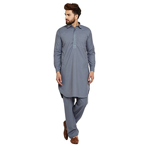 Sojanya (Since 1958, MenS Grey Cotton Blend Pathani Kurta & Salwar Set, Size: Xxl
