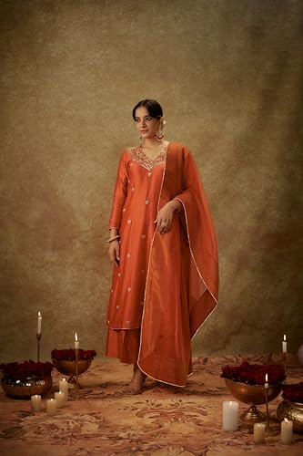 ANNI DESIGNER Womens Rayon Viscose Straight Embroidered Kurta with Pant & Dupatta (CHAHAT Orange_S_Orange_Small)