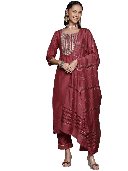 Varanga Rust Embroidered Kurta With Straight Pant And Dupatta