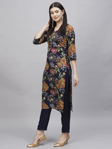 ANNI DESIGNER Womens Cotton Blend Straight Printed Kurta with Pant (Paajas Navy Blue_XXL_Navy Blue_XX-Large)