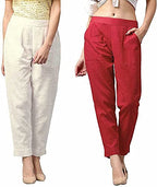 Digital Shopee Women Cotton Ankle Length Double Side Pocket Elastic Waist Regular Fit Trouser- Pack Of 2, White And Red (Small)