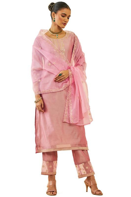 Soch Women Chanderi Zari Embroidered Straight Suit Set with Dupatta