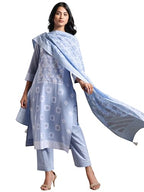 Libas Womens Woven Design Cotton Straight Kurta With Trousers And Dupatta
