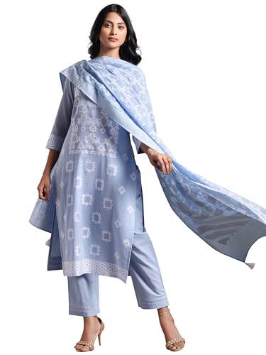 Libas Womens Woven Design Cotton Straight Kurta With Trousers And Dupatta