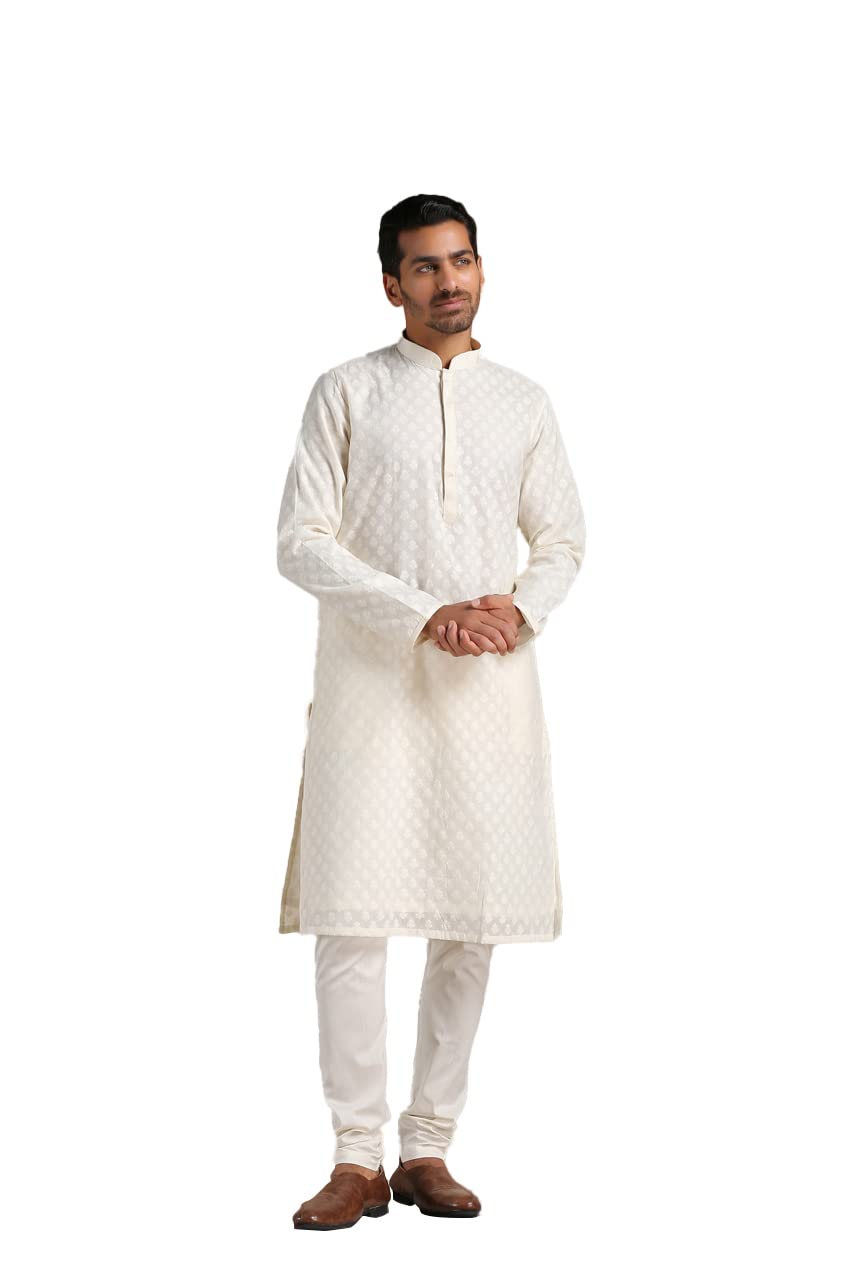 Manyavar Kurta Set For Men, Full Sleeves Mandarin Collar Ethnic MenS Kurta Set For Engagement, Wedding, Party Chanderi Printed (