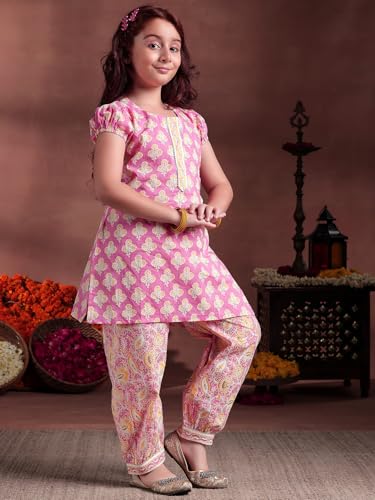 Libas Kids Womens Printed Cotton Straight Kurta With Salwar And Dupatta