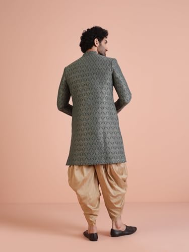 Kisah MenS Ethnic Wear Silk Blend Printed Regular Fit Grey- Beige Indo-Western Sherwani Set Indo-Western