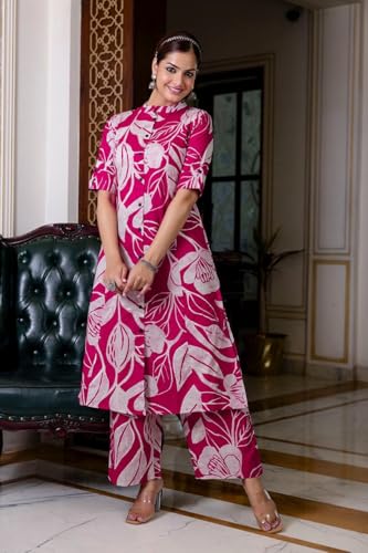 ANNI DESIGNER Womens Rayon Viscose Straight Printed Kurta with Palazzo (Diboli Pink_XL_Pink_X-Large)
