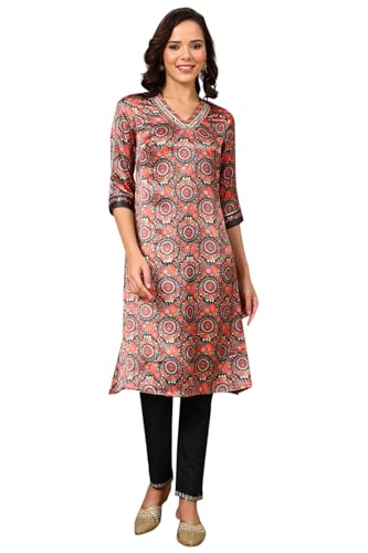 W For Woman Black Floral Printed Embellished Japanese Satin Straight Kurta_24Auw11771-124833_M