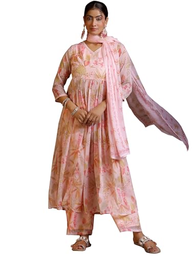 Libas Womens Printed Chiffon A-Line Kurta With Palazzos And Dupatta