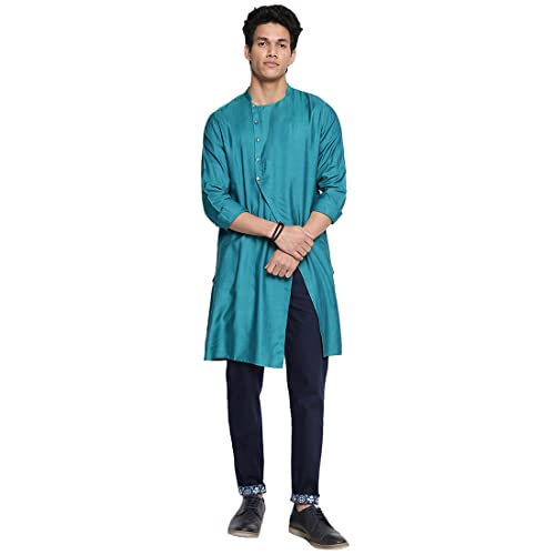 Fabindia MenS Viscose Silk Solids Slim Kurta (102587601_Teal