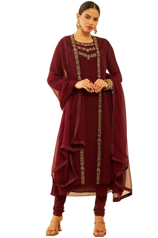 Soch Women Georgette Cutdana Work Suit Set with Jacket and Dupatta
