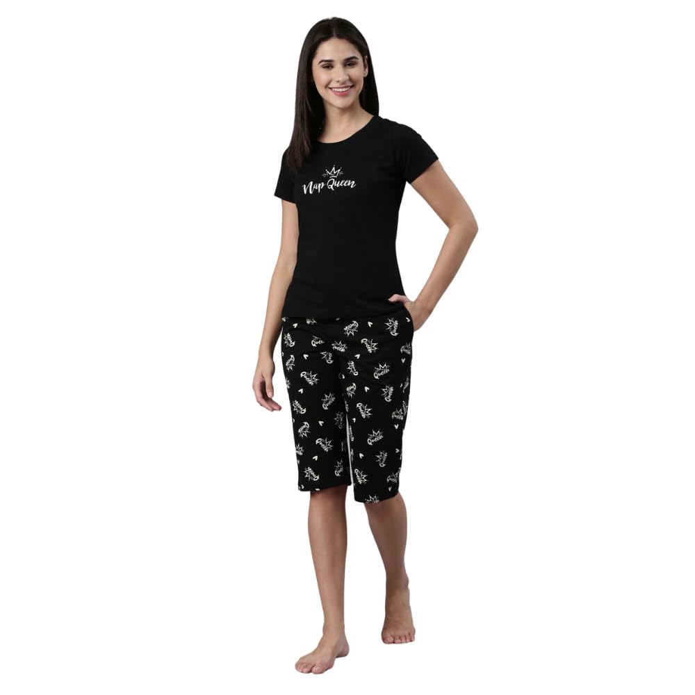 Pepe Jeans Cotton Knee Length Night Wear For Women Relaxed (Wstp04-02_Black_M)