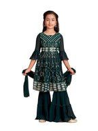 Aarika Girls Ethnic Wear Dark Green Colour Sequin Thread Embroidery Kurti Sharara Set With Dupatta-(5-11 Years)-(SH-MC-1644-D-GR