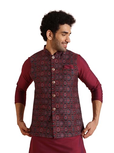 Kisah MenS Nehru Jacket, Multi Silk Blend, Woven Design Mandarin Collar Sleeveless Regular Fit (S)