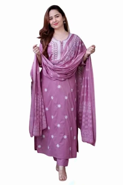 Suppar Sleave Womens Rayon Embroidered Straight Kurta and Pant with Dupatta Set for Women (Small, Light Purple)