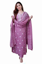 Suppar Sleave Womens Rayon Embroidered Straight Kurta and Pant with Dupatta Set for Women (Small, Light Purple)