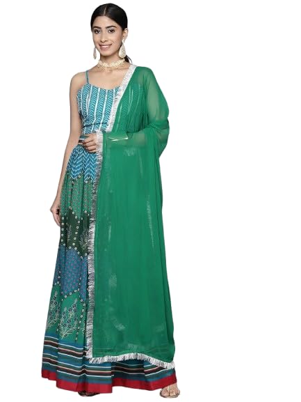 Varanga Teal And Green Floral Printed Strap Style V-Neck Top Paired With Tonal Printed Lehenga And Solid Dupatta With Four Side 