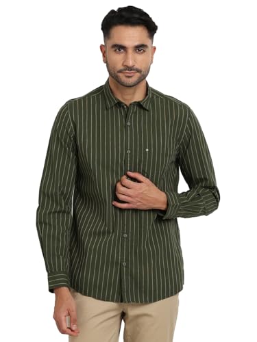 Turtle Men 100% Cotton Dark Green Striped Slim Fit Casual Shirt