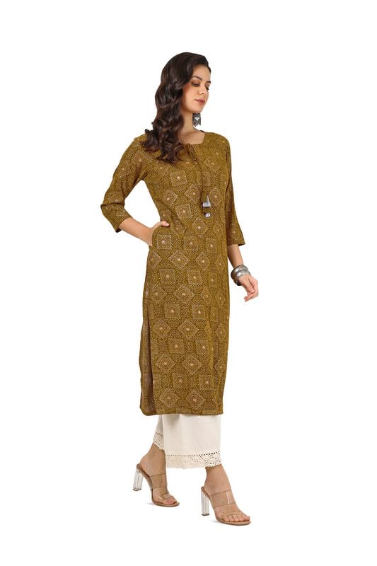 Soch Womens Mustard Rayon Bandhani Print Kurta With Tassels