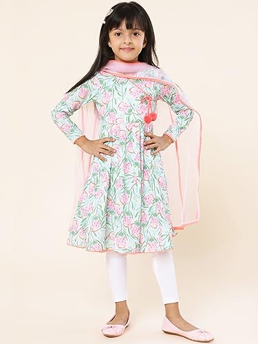 A.T.U.N. (All Things Uber Nice) Girls Printed Angrakha Pure Cotton Kurta With Leggings & Dupatta